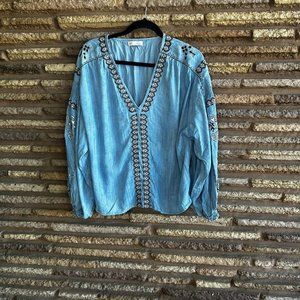 Zara TRF Collection Blue Denim Chambray Embroidered Bohemian Puff Sleeve Top